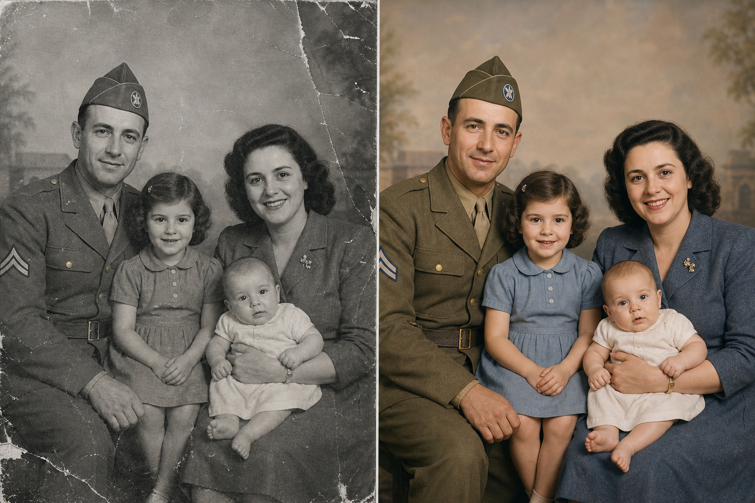 Before and after preview of a restored vintage portrait