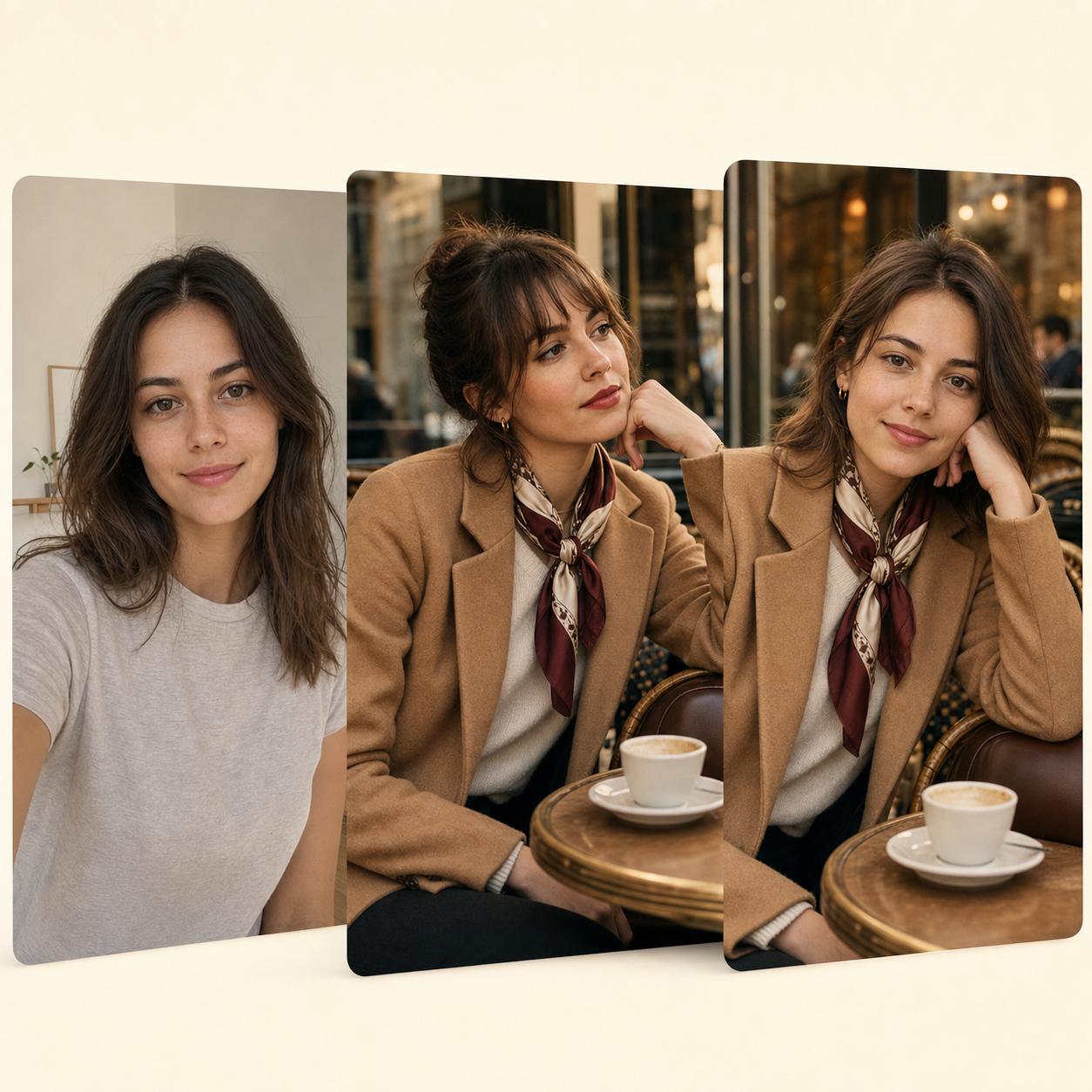 A person recreating the styling and environment from a reference image