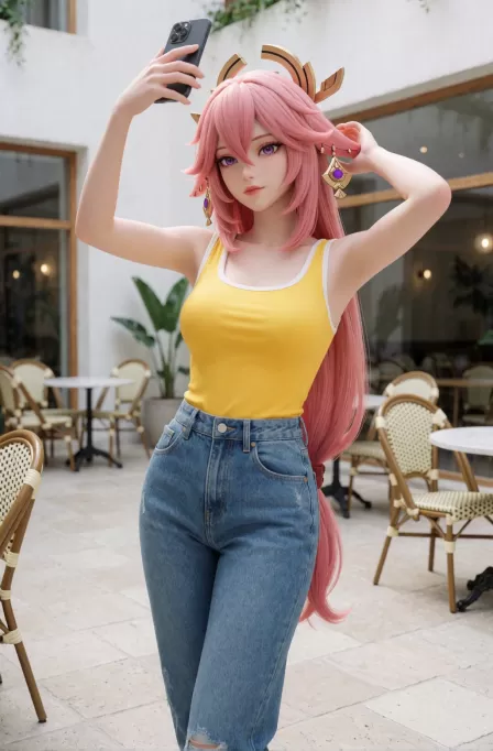 A high-quality CG-style character illustration of Yae Miko (Genshin Impact), reimagined in the exact fashion mood of the reference photo. She keeps her iconic identity with long soft pink hair, elegant fox-like beauty, fair skin, violet eyes, and a calm, confident, slightly teasing expression, but her styling follows the reference image closely: a fitted bright yellow sleeveless tank top with clean white trim, paired with high-waisted blue denim jeans with a casual fashionable silhouette and subtle distressed detail near the knee. Pose her in a modern mirror-selfie composition inspired by the reference, one arm raised holding a smartphone, body angled naturally with a slim graceful posture, giving a trendy casual street-fashion atmosphere. Place her in a bright outdoor cafe courtyard with pale stone flooring, white architectural walls, large windows, scattered wicker chairs and tables, and soft natural daylight. The overall image should feel fresh, stylish, youthful, and polished, blending Yae Miko's recognizable fantasy charm with contemporary fashion photography aesthetics. Emphasize character focus, realistic fabric fit and texture, elegant body proportions, soft natural lighting, clean background depth, detailed hair rendering, refined facial beauty, and highly polished anime-CG illustration quality.