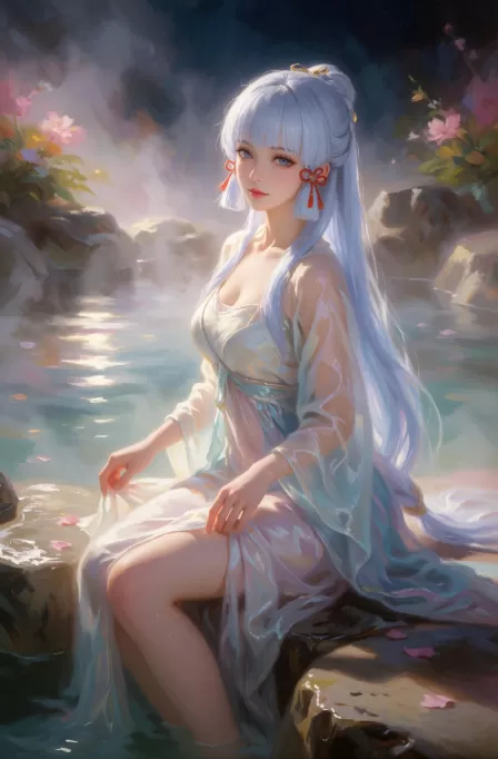 Create a high-quality dreamy oil-paint fantasy illustration using Creative Painter. Depict Kamisato Ayaka (Genshin Impact) seated quietly by the edge of a misty hot spring at night, slightly facing the viewer and making direct eye contact with a gentle, soulful, spiritually alluring gaze. Keep her identity clear with pale silver-blue hair styled long and elegant, refined fair features, graceful noble temperament, and subtle Inazuma-inspired beauty. Her long hair is partly arranged in a delicate noble style yet flows softly over her shoulders, back, and waist, catching the warm misty light with soft cool highlights. She wears a light ancient-inspired gauze robe and silk skirt reinterpretation with an elegant low neckline, flowing sleeves, and layered translucent fabric drifting through the steam, redesigned in a tasteful fantasy manner that preserves her graceful noble character while fitting the hot spring scene. Her slender legs are partially visible through the opening folds of the skirt in a poetic, refined way. She sits on a smooth wet stone beside the spring, one leg bent naturally and the other extended gracefully, fingertips lightly touching the hem of her robe, her posture calm, tender, and contemplative. Render the whole scene in a romantic dreamlike oil painting style: luminous blended brushstrokes, soft glowing edges, rich layered pigments, velvety color transitions, floral haze, atmospheric depth, and a refined poetic fantasy finish. Preserve the misty hot spring atmosphere with moonlit reflections on the water, wet stone textures, scattered petals,