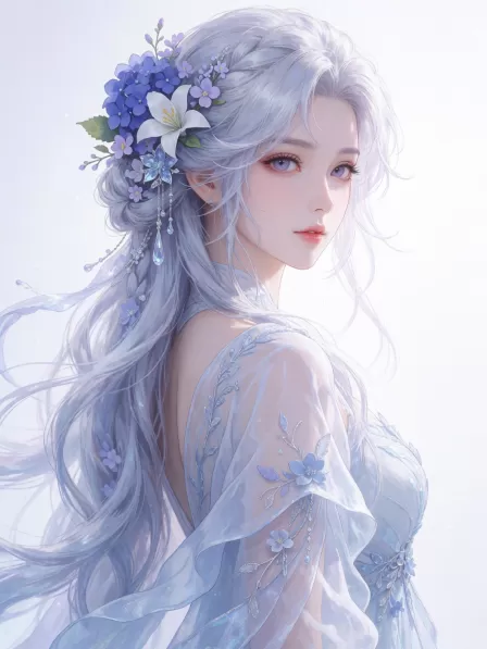 masterpiece, best quality, ultra-detailed, high-resolution, a beautiful fantasy woman, elegant upper-body portrait, three-quarter side view, body turned away while looking back toward the viewer, graceful over-the-shoulder pose, calm and gentle expression, delicate refined facial features, luminous violet eyes, long eyelashes, subtle rosy eye makeup, soft peach lips slightly parted, smooth porcelain skin, faint natural blush,

long flowing silver-white hair with pale lavender and icy blue undertones, voluminous layered hairstyle, loosely swept-back half updo, intricate braided sections, soft curtain bangs, long wispy side locks framing the face, silky individual hair strands, airy flyaway hairs, pearlescent highlights,

elaborate floral hair ornament behind the ear, clusters of deep periwinkle-blue hydrangeas, small lavender blossoms, one large white lily with golden stamens, tiny green leaves, blue crystal flower accessory, delicate silver chains and dangling bead tassels woven through the hair,

wearing an ethereal white and pale blue fantasy gown, translucent chiffon sleeves, flowing gauzy fabric, layered sheer textures, delicate blue floral embroidery, scattered botanical appliqués, fine beadwork and crystal details, elegant romantic silhouette, soft fabric folds,

pure white high-key background, clean minimalist composition, bright diffused studio lighting, soft rim light, luminous highlights, gentle lavender-blue shadows, airy and dreamlike atmosphere, white, periwinkle and pale blue color palette,

semi-realistic anime illustration, refined fantasy character design, high-end Korean mobile game artwork, elegant Chinese fantasy illustration, delicate linework, smooth painterly rendering, glossy detailed eyes, intricate hair rendering, realistic translucent fabric, exquisite floral details, soft ethereal beauty, polished digital painting, vertical portrait, 9:16