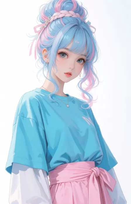 Create a high-resolution, semi-realistic anime portrait of a beautiful young adult woman against a clean white background. Frame her from the waist up, facing the viewer with a calm, slightly curious expression. She has large gray-blue eyes, long eyelashes, soft rosy cheeks, smooth fair skin, delicate facial features, and lightly parted glossy pink lips.

Her hair is a vivid pastel blend of sky blue and soft pink. Style it in a voluminous high bun with loose curled strands, airy bangs, and long face-framing locks. Add a pale pink braided hair accessory wrapped around the bun, with subtle ribbons and small decorative details. The hair should appear silky, glossy, and carefully layered, with fine individual strands and soft blue-pink highlights.

She wears an oversized turquoise-blue T-shirt with relaxed folds and slightly dropped shoulders. Layer it with loose white sleeves underneath, creating a casual modern streetwear look. Add a high-waisted pastel pink skirt with a wide fabric sash tied into a large bow at the side. Include a thin, delicate necklace with a tiny pendant and small minimalist earrings.

Use bright, soft studio lighting with gentle shadows and a high-key white background. Keep the composition clean and minimal so the pastel hair and clothing remain the main focus. Render the image in a polished semi-realistic anime style with refined facial details, luminous eyes, smooth painterly shading, detailed fabric folds, silky hair, soft pastel colors, and a fresh modern character-design aesthetic.