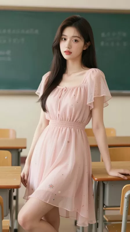 Create a high-resolution, photorealistic vertical portrait of a beautiful young adult East Asian woman posing gracefully inside an empty classroom. Frame her from the head to below the knees, with her body angled slightly toward the camera. She leans gently against a wooden school desk, supporting herself with both hands, while crossing one leg naturally in front of the other. Her head is tilted slightly, and she looks directly at the viewer with a soft, calm, and subtly charming expression.

She has long, straight dark-brown hair flowing over one shoulder, with a few delicate strands framing her face. Her features are refined and feminine, with large dark eyes, smooth fair skin, softly defined brows, subtle rosy makeup, and natural pink-red lips.

She wears a light pastel-pink chiffon dress with a square gathered neckline, short sheer flutter sleeves, a softly elasticated waist, and a flowing knee-length skirt. The fabric is decorated with small scattered floral and colorful confetti-like patterns. Add delicate trim around the neckline and sleeves, with soft translucent layers and natural fabric folds.

Place her among rows of classic classroom desks and chairs, with a large green chalkboard, notice sheets, faint writing, and warm cream-colored walls in the background. Keep the classroom softly blurred to emphasize the subject. Use gentle natural window light, warm neutral tones, soft shadows, shallow depth of field, and a clean lifestyle-photography atmosphere.

Render the scene with realistic skin texture, detailed hair strands, natural body proportions, accurate hands, soft chiffon transparency, realistic fabric draping, subtle cinematic color grading, and polished high-end portrait photography.