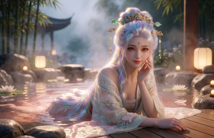 A stunning 20-year-old ancient Chinese-style CG beauty resting gracefully on the smooth wooden deck at the edge of a steaming natural hot spring. Her delicate porcelain face features soft, naturally blended blush across her cheeks, with gently lowered eyes conveying a shy, bashful demeanor and a faint, tender smile. Her hair is a mesmerizing cascade of iridescent rainbow strands, flowing like liquid silk and elegantly intertwined with traditional jade hairpins, gold filigree ornaments, and translucent silk ribbons that catch the warm ambient light. She wears a loosely draped, semi-sheer hanfu-inspired robe with intricate cloud and lotus embroidery, slipping slightly off one shoulder to reveal graceful collarbones and smooth skin. The hot spring water glows with a soft amber and rose-gold hue, surrounded by polished river stones, floating white lotus petals, and gentle wisps of aromatic steam curling into the cool air. In the softly blurred background, misty bamboo groves, distant curved pavilion roofs, and glowing paper lanterns create a serene, poetic atmosphere. Cinematic volumetric lighting, shallow depth of field, highly detailed digital painting, masterpiece composition, ethereal and harmonious color grading, ultra-realistic CG render, 8k resolution, ArtStation trending aesthetic, visually captivating and exquisitely balanced.