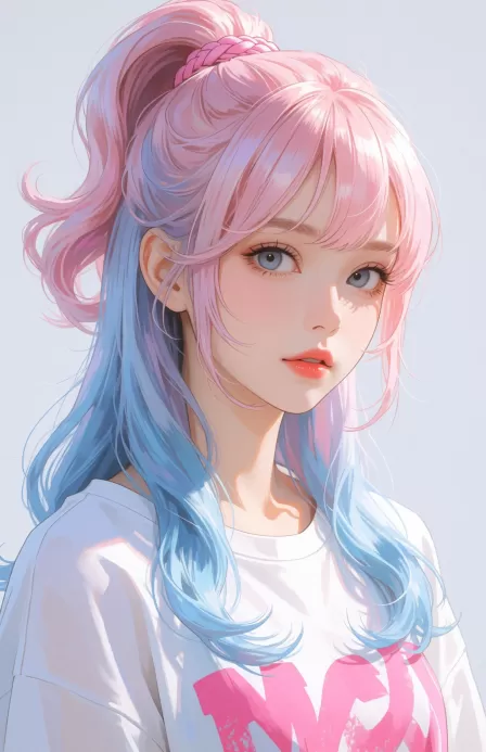 Create a high-resolution, semi-realistic anime close-up portrait of a beautiful young adult woman against a clean pale-gray or white background. Frame her from the head to the upper chest, with her face turned slightly toward one side while her eyes look gently at the viewer. She has a soft, calm, and subtly curious expression, with large clear blue-gray eyes, long delicate eyelashes, faint peach blush, smooth luminous fair skin, a small refined nose, and glossy coral-pink lips slightly parted.

Her long hair features a dreamy pastel gradient of soft pink and sky blue. The upper section is predominantly glossy rose pink, while the lower lengths transition into vivid light blue with subtle lavender undertones. Style it in a voluminous half-up high ponytail with a softly curled top section, a small braided pink hairband, layered curved bangs, long face-framing strands, and loose flowing locks resting over both shoulders. Emphasize silky individual hair strands, polished highlights, airy flyaway hairs, and smooth pink-to-blue color transitions.

She wears a loose, casual white T-shirt with a wide round neckline and a partially visible bright-pink graphic printed across the chest. Keep the outfit simple and modern so the colorful hairstyle and delicate face remain the primary focus.

Use bright diffused studio lighting with gentle directional sunlight, soft shadows along the neck and face, subtle highlights on the cheeks, lips, and hair, and a clean high-key background. Render the portrait in a polished semi-realistic anime style with refined facial anatomy, glossy detailed eyes, soft painterly skin shading, delicate linework, luminous pastel colors, highly detailed hair, and an elegant contemporary character-illustration aesthetic.