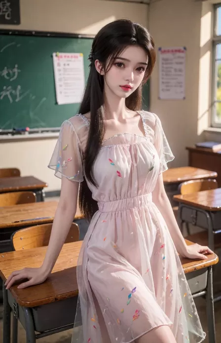 A high-resolution, photorealistic vertical portrait of Li Muwan, a beautiful young adult East Asian woman, posed gracefully inside an empty classroom. Frame her from the head to below the knees, her body angled slightly toward the camera. She leans gently against a polished wooden school desk, supporting herself with both hands, while one leg crosses naturally in front of the other. Her head is tilted slightly, and she looks directly at the viewer with a soft, calm, subtly charming expression.

She has long, straight dark-brown hair flowing over one shoulder, with a few delicate strands framing her face. Her features are refined and feminine, with large dark eyes, smooth fair skin, softly defined brows, subtle rosy makeup, faint blush, and natural pink-red lips. Her expression feels elegant, gentle, and quietly confident.

She wears a light pastel-pink chiffon dress with a square gathered neckline, short sheer flutter sleeves, a softly elasticated waist, and a flowing knee-length skirt. The fabric is adorned with tiny scattered floral details and colorful confetti-like patterns, with delicate trim around the neckline and sleeves. Emphasize soft translucent layers, airy chiffon texture, realistic folds, light fabric movement, and graceful draping around the legs.

Place her among neat rows of classic classroom desks and chairs, with a large green chalkboard behind her, pinned notice sheets, faint handwritten chalk marks, warm cream-colored walls, tall windows, and soft daylight entering from the side. Keep the classroom subtly blurred to emphasize the subject while preserving a believable academic atmosphere. Add gentle highlights on the desk edges, soft reflections, and a clean, tidy classroom setting.

Use warm natural window light, warm neutral tones, soft shadows, shallow depth of field, and a polished lifestyle-photography mood. Render realistic skin texture, detailed individual hair strands, natural body proportions, accurate hands and fingers, subtle chiffon transparency, realistic fabric draping, cinematic color grading, and premium high-end portrait photography quality, elegant composition, crisp facial focus, soft bokeh, and a serene, refined atmosphere.