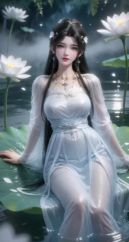 This is a high-resolution CG fantasy illustration featuring Qingyi from Perfect World, consistent character design: a beautiful young fairy, female, long silky black hair cascading softly to her waist like ink wash, delicate white floral hair ornament at the side, silver earrings and a small silver pendant, fair luminous skin and clear bright eyes, wearing her signature ethereal white gauzy hanfu with flowing translucent sleeves and soft pleats lightly dusted with moonlit dew. She has returned to the initial luminous lotus pond beneath a huge perfect full moon, lying gracefully barefoot on an enormous glowing green lotus leaf floating on crystal-clear water, her slender bare feet delicate and slightly curled. The pond is filled with giant blooming white lotuses emitting soft spiritual light, gentle mist hovering low over the water, moonlight pouring like liquid silver creating sparkling reflections and ripples around her. Tiny fireflies, floating spiritual light particles and drifting white petals surround her. Her expression is peaceful and serene with a soft gentle smile, eyes half-closed in contentment and enlightenment, as if finally remembering she herself was born from moonlight and lotus. Cinematic soft full-moon light with pearly glow illuminating her face and translucent dress, ultra-detailed fabric texture and water surface, volumetric moonlit fog, dreamy bokeh, ethereal xianxia atmosphere, highly detailed beautiful face, masterpiece fantasy illustration, consistent character identity, poetic and tranquil finale.