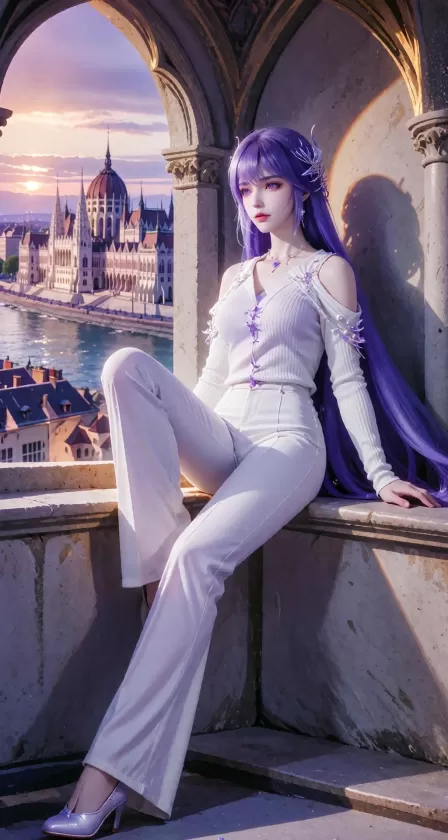 Create a high-end cinematic CG illustration of an adult Sheng Cai'er from Throne of Seal, reimagined in the elegant outfit and sunset composition of the visual reference. She has very long lavender-purple hair flowing naturally down her back, luminous violet eyes, fair skin, delicate facial features, and small refined silver-and-purple hair ornaments. She sits gracefully on the broad stone ledge of a massive medieval arched window, shown in a full-body vertical composition, her torso in gentle three-quarter profile and her face turned toward the glowing horizon. One leg bends upward on the ledge while the other extends downward, creating a relaxed yet poised silhouette. She wears an ivory ribbed knit cold-shoulder top with long fitted sleeves, a soft V neckline, subtle pearl and crystal embellishments across the shoulders and bodice, high-waisted ivory wide-leg flared trousers, and elegant silver flat shoes. Add restrained silver-purple assassin-inspired jewelry and a tiny moonstone pendant to preserve her identity without disrupting the modern outfit. Beyond the arch lies a grand European riverside city with an ornate neo-Gothic palace, distant spires, rooftops, and shimmering water. The setting sun casts warm amber rim light across her purple hair and white clothing, contrasting with the cool weathered stone interior. Serene, contemplative expression, romantic golden-hour atmosphere, realistic fabric texture, refined anatomy, cinematic depth, soft volumetric sunlight, sophisticated fantasy-fashion editorial aesthetic, ultra-detailed, polished composition,